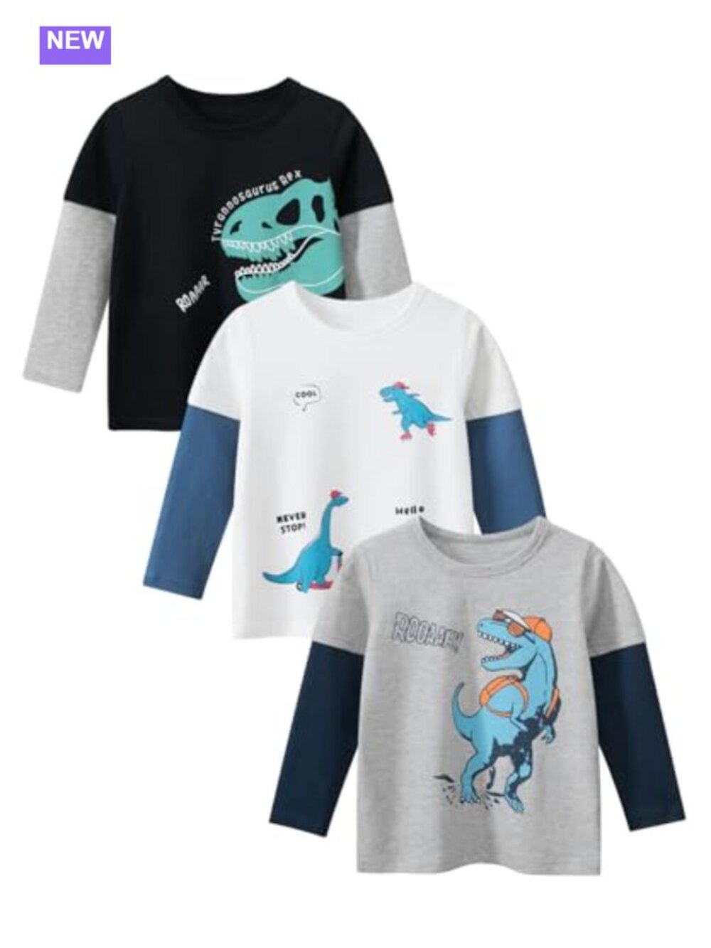 Toddler Boys Long Sleeve Cotton Dinosaur Tees Crew Neck T-Shirt